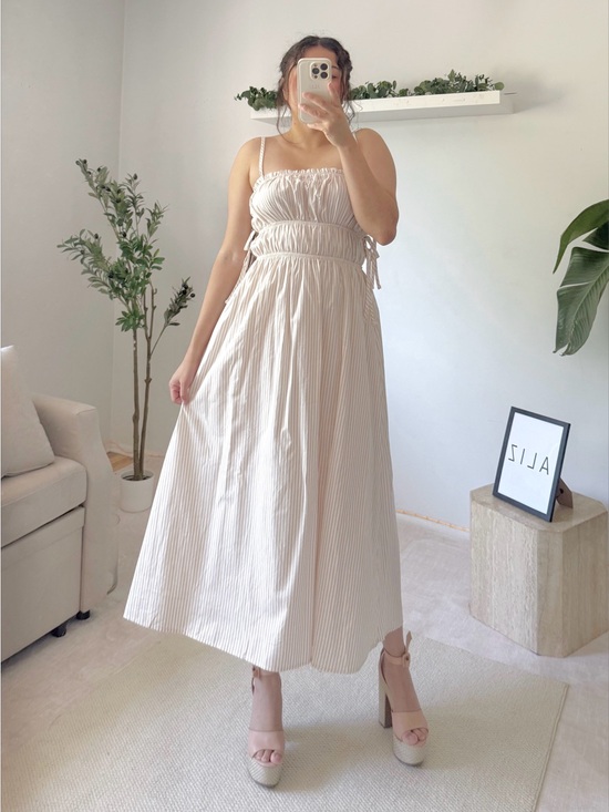 Blashe Dresses & Skirts - Smocked Cream Striped Maxi Dress with Adjustable Side Ties